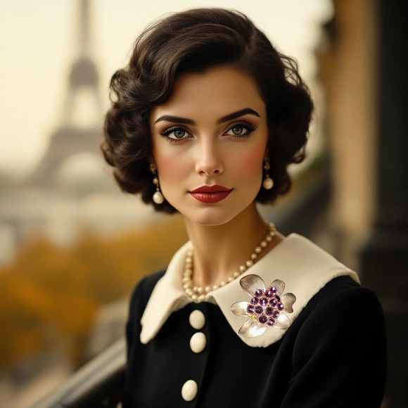 80s vintage Brooch /pendantGold tone Flower  With Purple Glass. Statement Piece - Picture 8 of 16